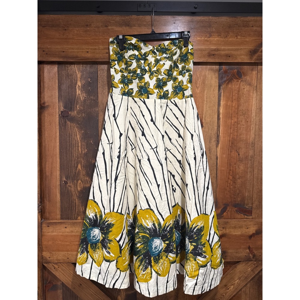 Girls from Savoy Anthropologie Floral Strapless Midi Dress Yellow Teal Size 10